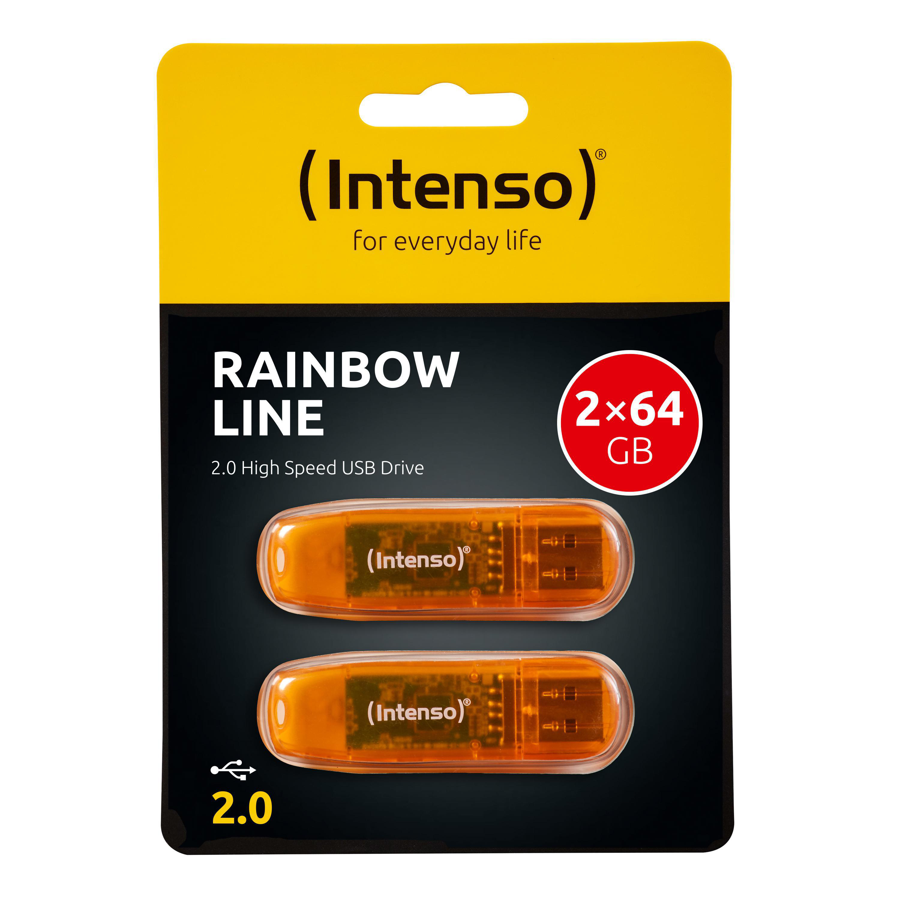 Eine Packung mit zwei orangefarbenen USB-Sticks mit dem Logo "Intenso".