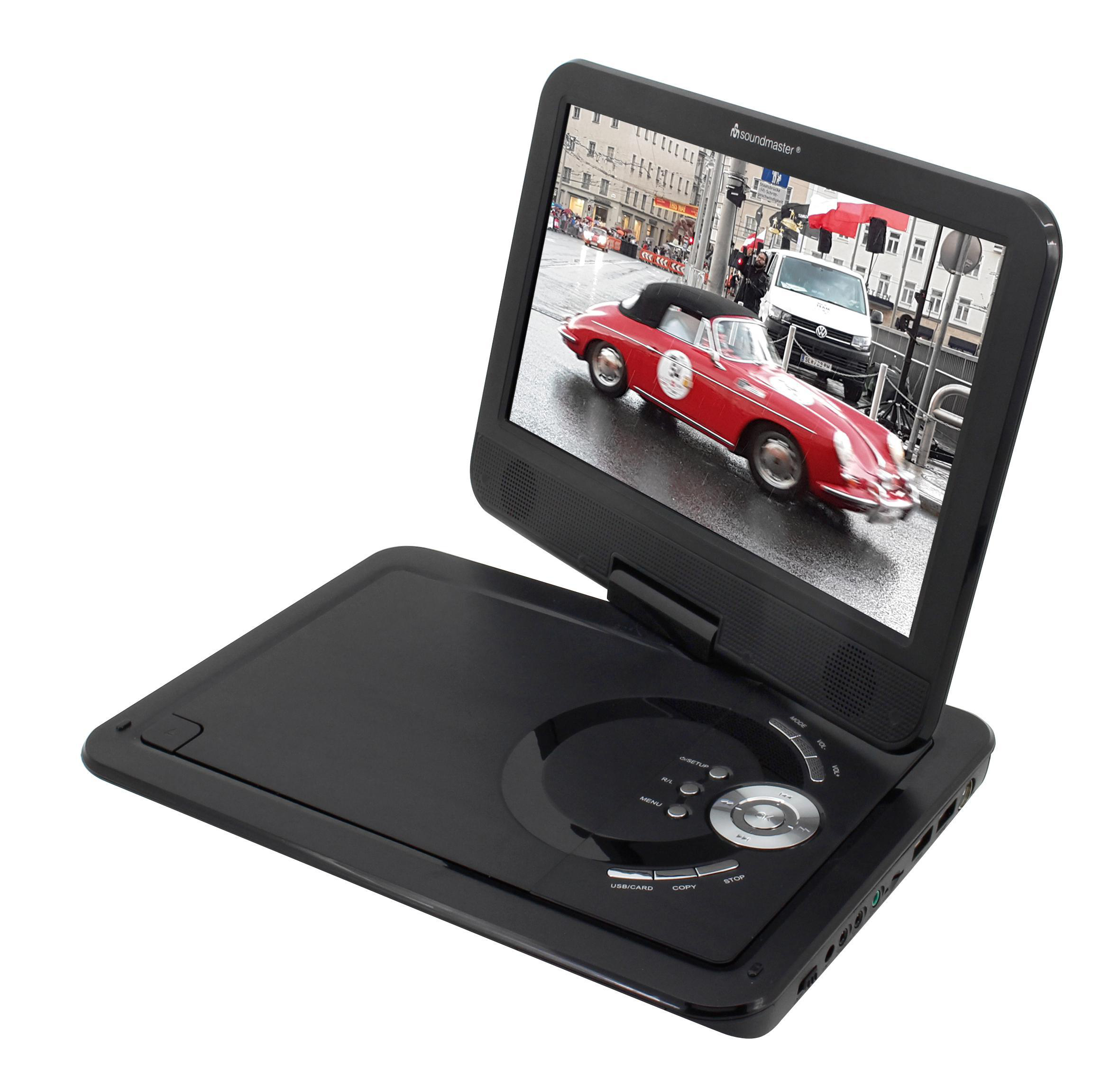 Ein tragbarer DVD-Player, der ein rotes Auto auf dem Bildschirm zeigt, offen auf einer weißen Oberfläche.