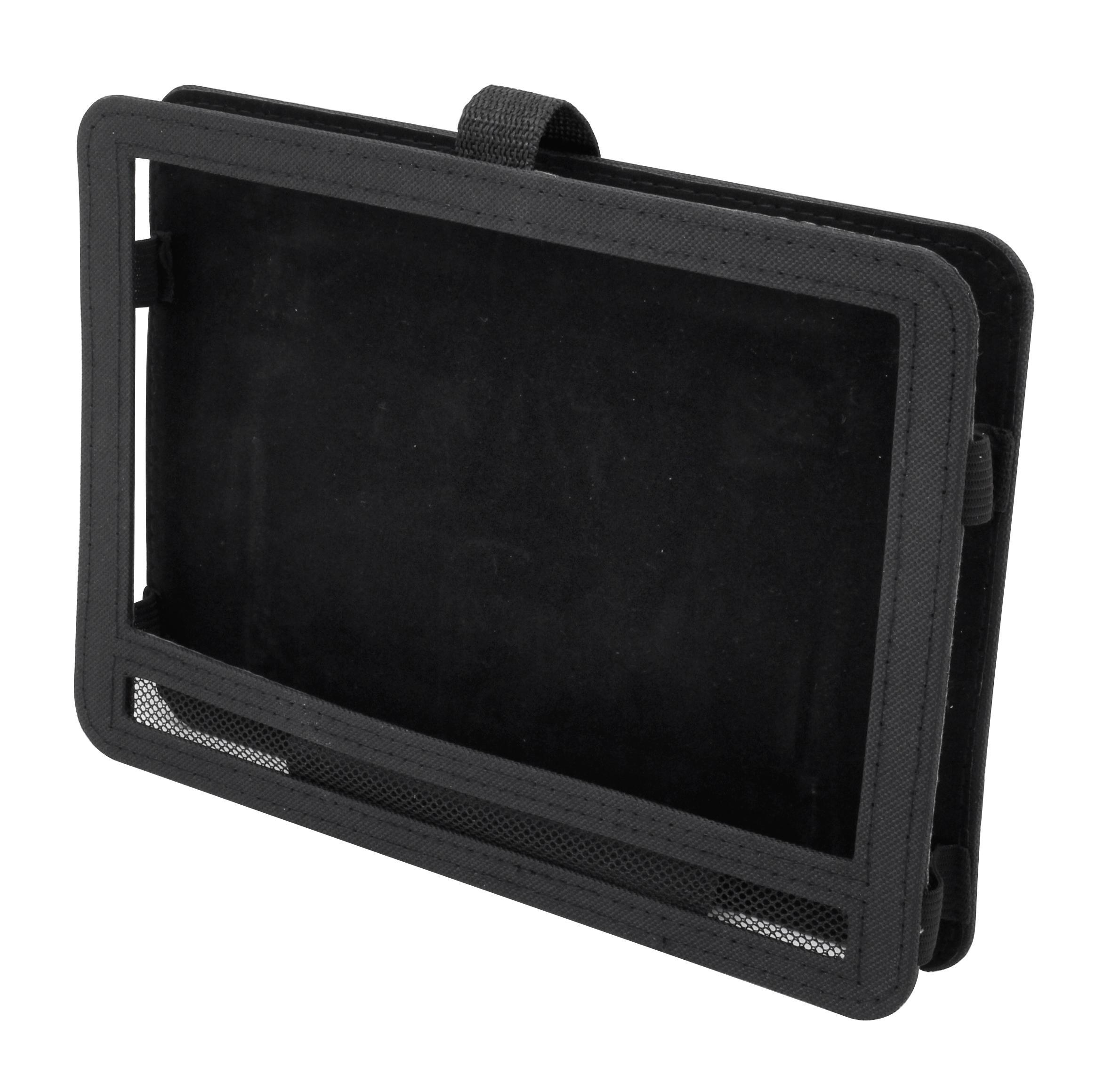 Schwarze Tablettasche, offen, Bildschirm sichtbar. Tasche mit Netztasche und Trageriemen.