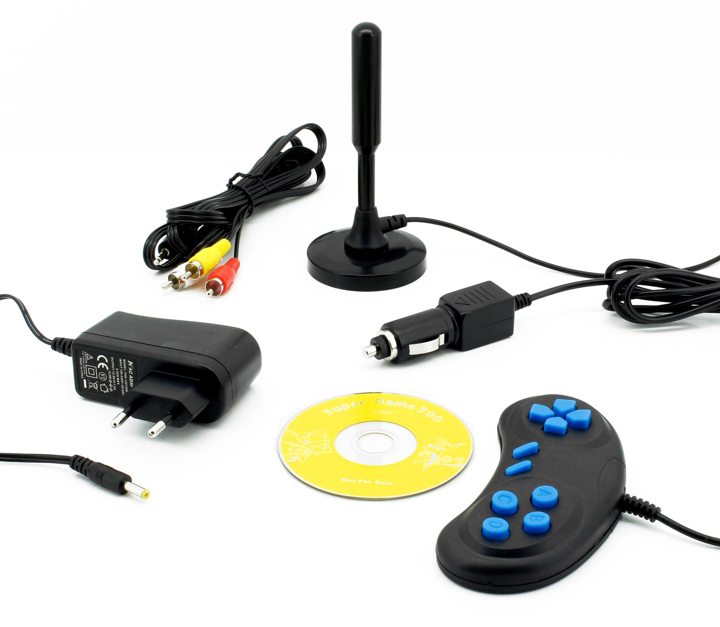 Ein Videospielkonsolen-Set: Antenne, Gamepad, Kabel, Netzteil und eine CD.
