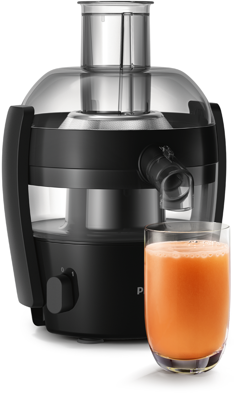 Zwarte Philips juicer met een glas sinaasappelsap ernaast, tegen een witte achtergrond.