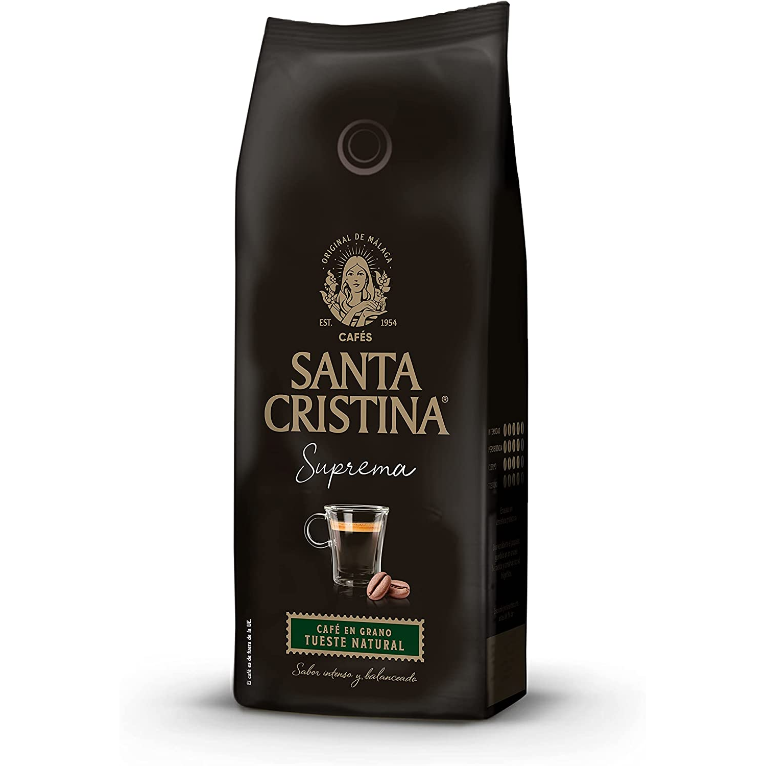 Bolsa de café negra. La etiqueta dice 'Santa Cristina Suprema'. Se muestra una taza de café y granos.