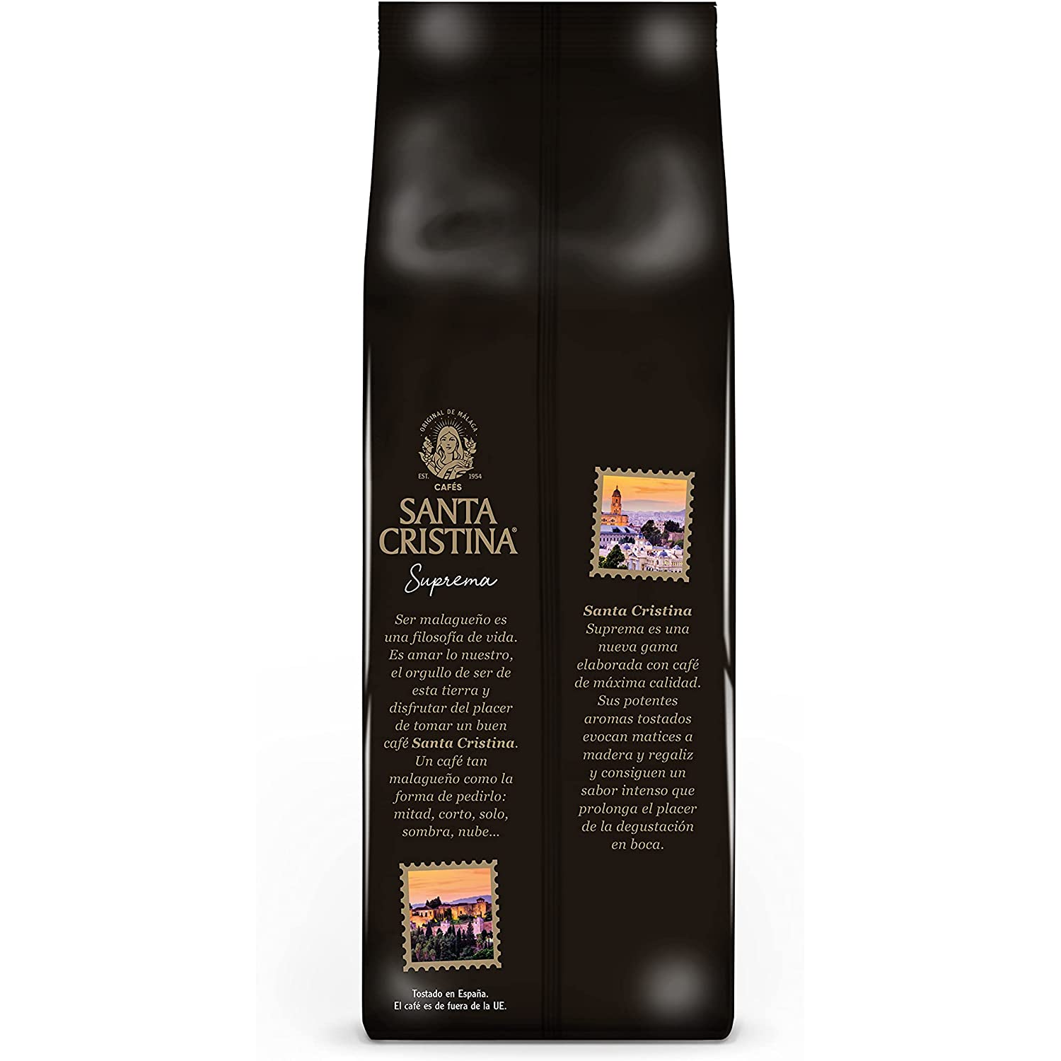 Una bolsa de café con texto en español. Tiene sellos con un paisaje urbano y una foto de una mujer.