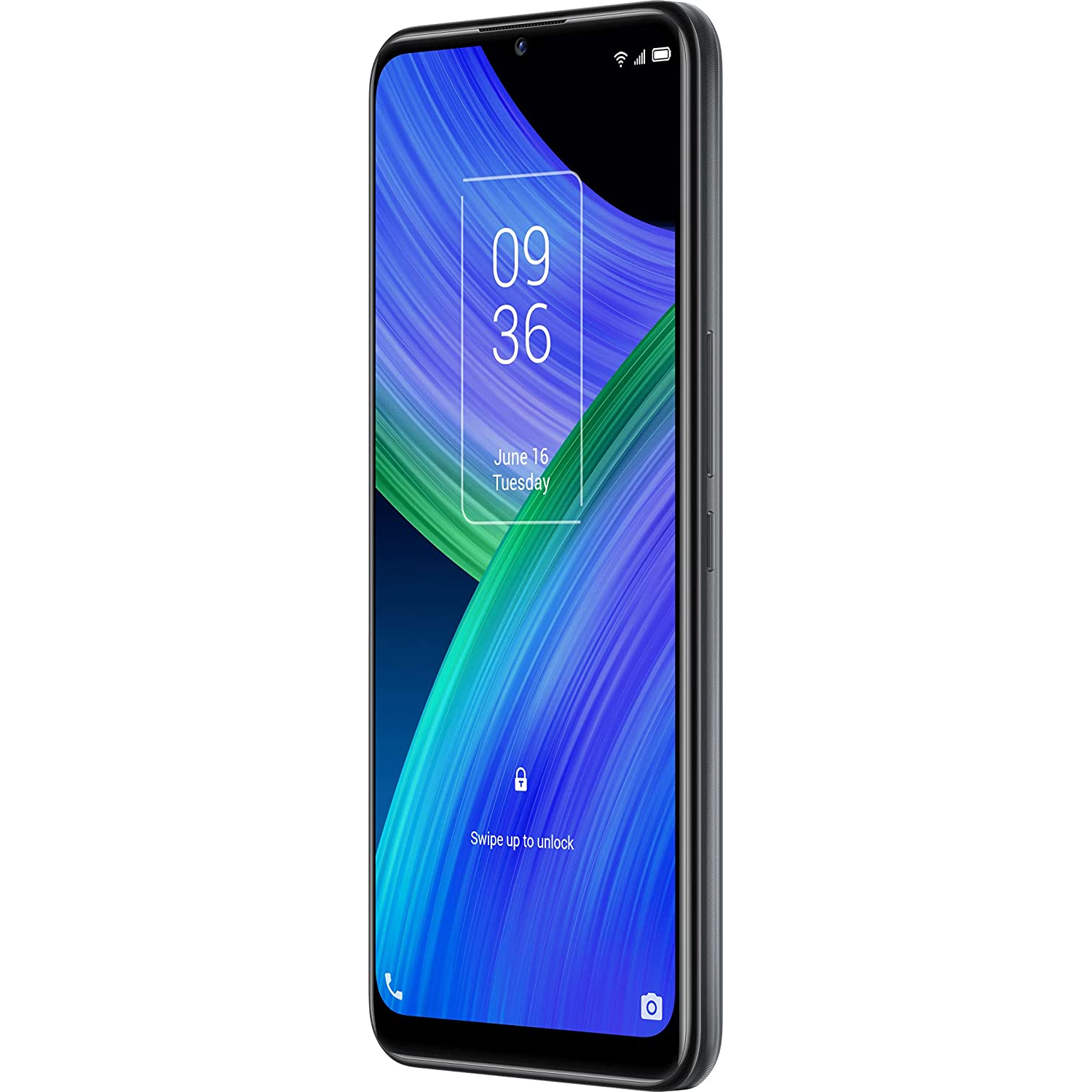 Un teléfono inteligente TCL negro muestra una pantalla de bloqueo con la fecha y la hora sobre un fondo azul.