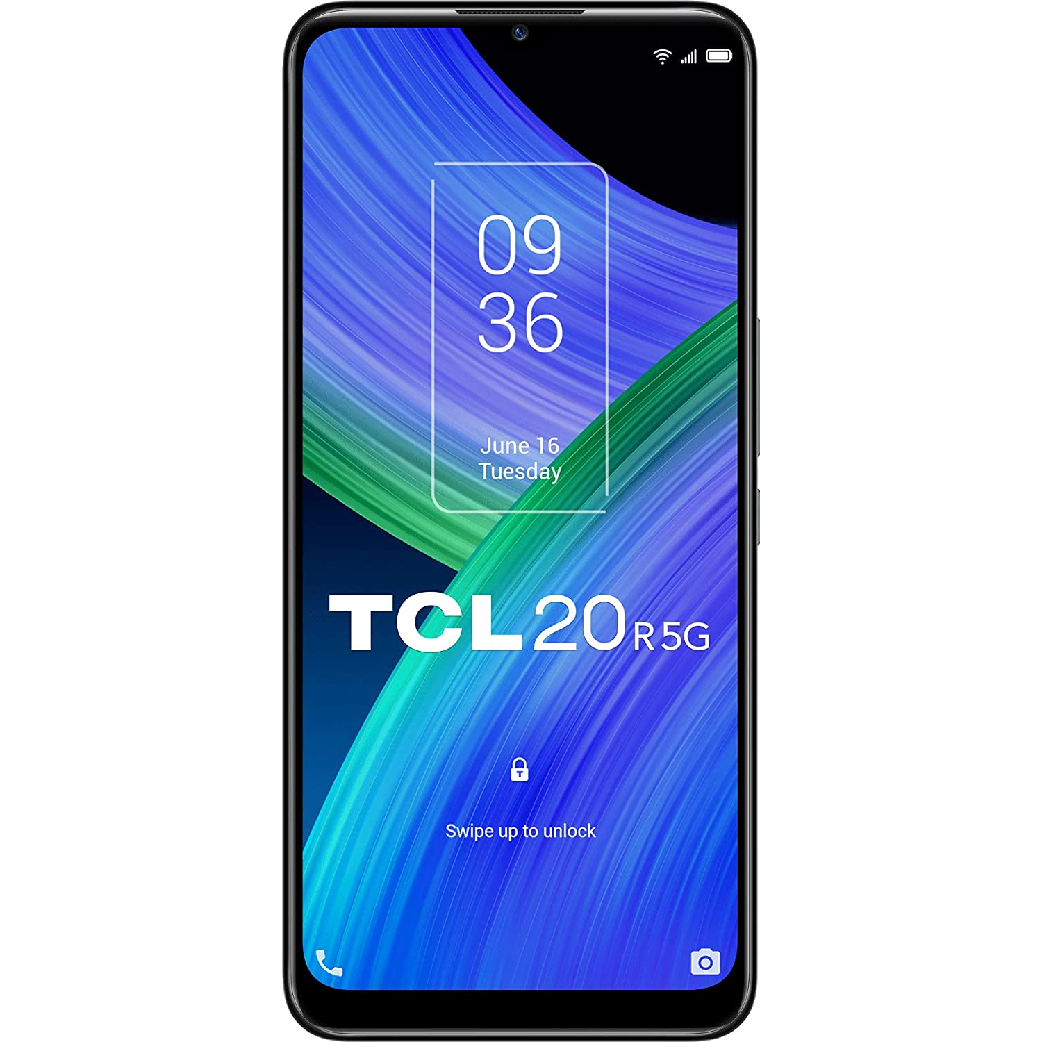 Teléfono TCL negro mostrando la pantalla de inicio con la hora.