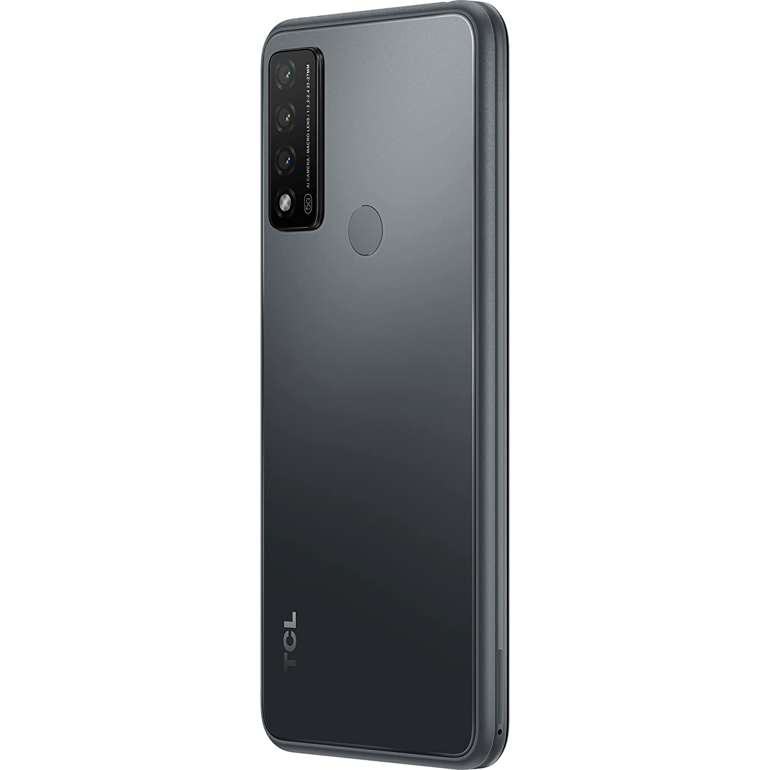 Smartphone TCL gris, vista trasera, muestra el conjunto de cámaras y el logo TCL.