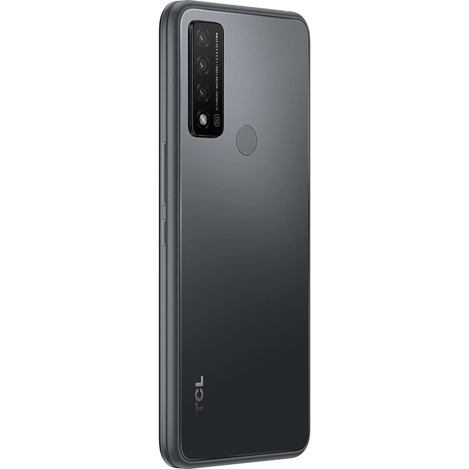 Vista trasera de smartphone gris oscuro con cámara y logotipo TCL.