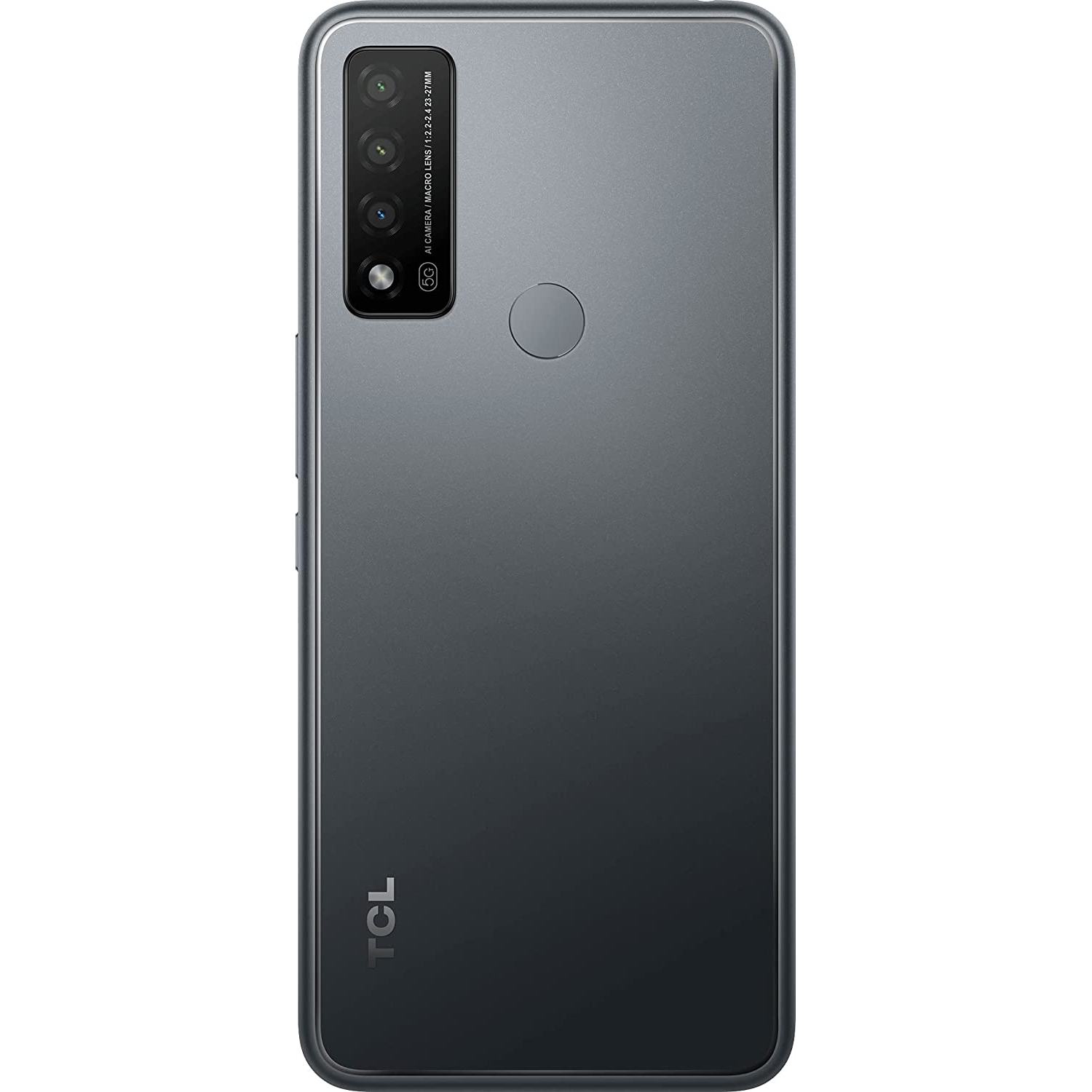 Teléfono negro con varias cámaras en la parte trasera. El logo de TCL está en la parte inferior.