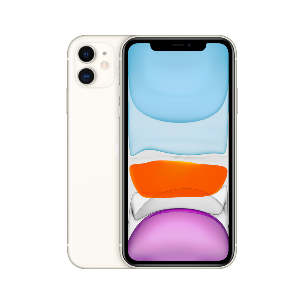 Een witte iPhone 11, met de voor- en achterkant, met twee cameralenzen.