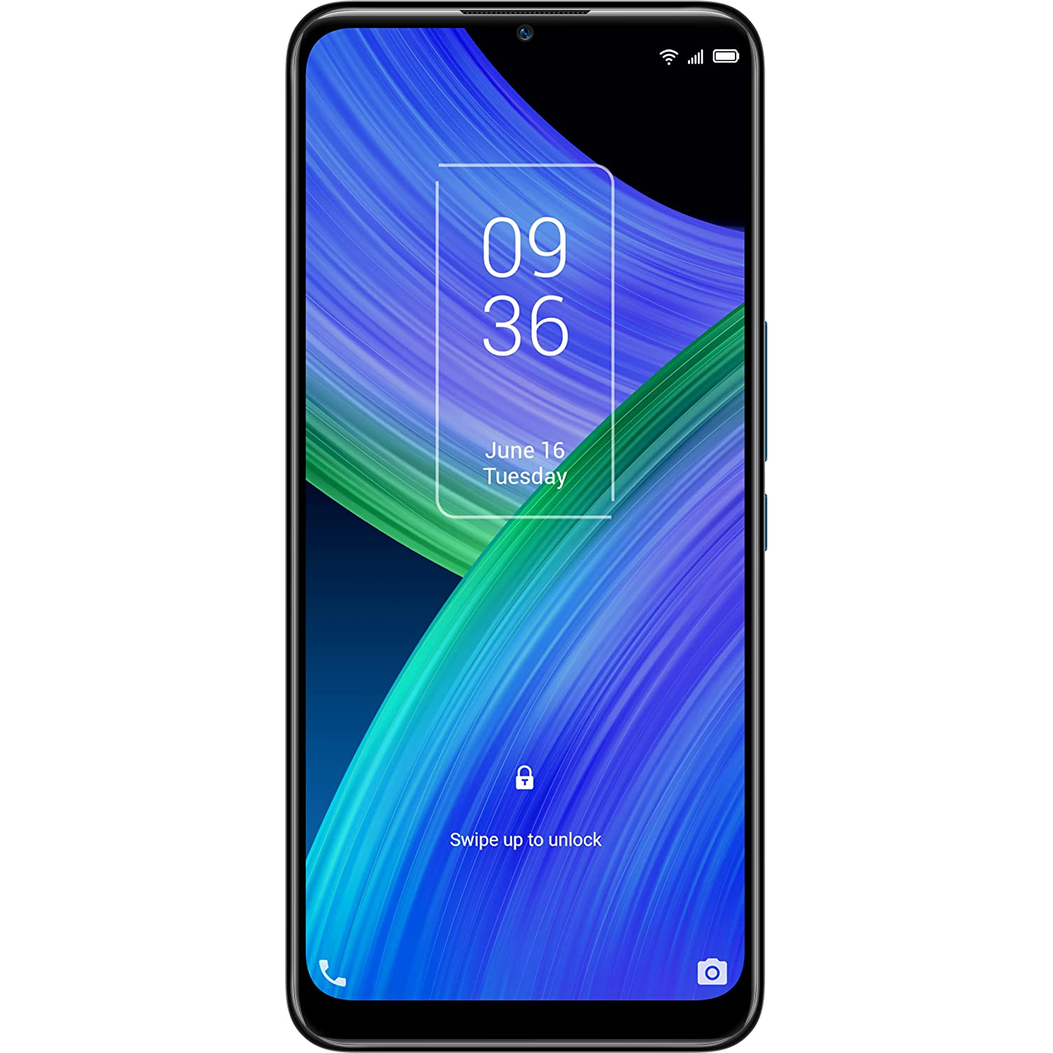 Smartphone negro que muestra la hora, la fecha y un fondo abstracto azul/verde.