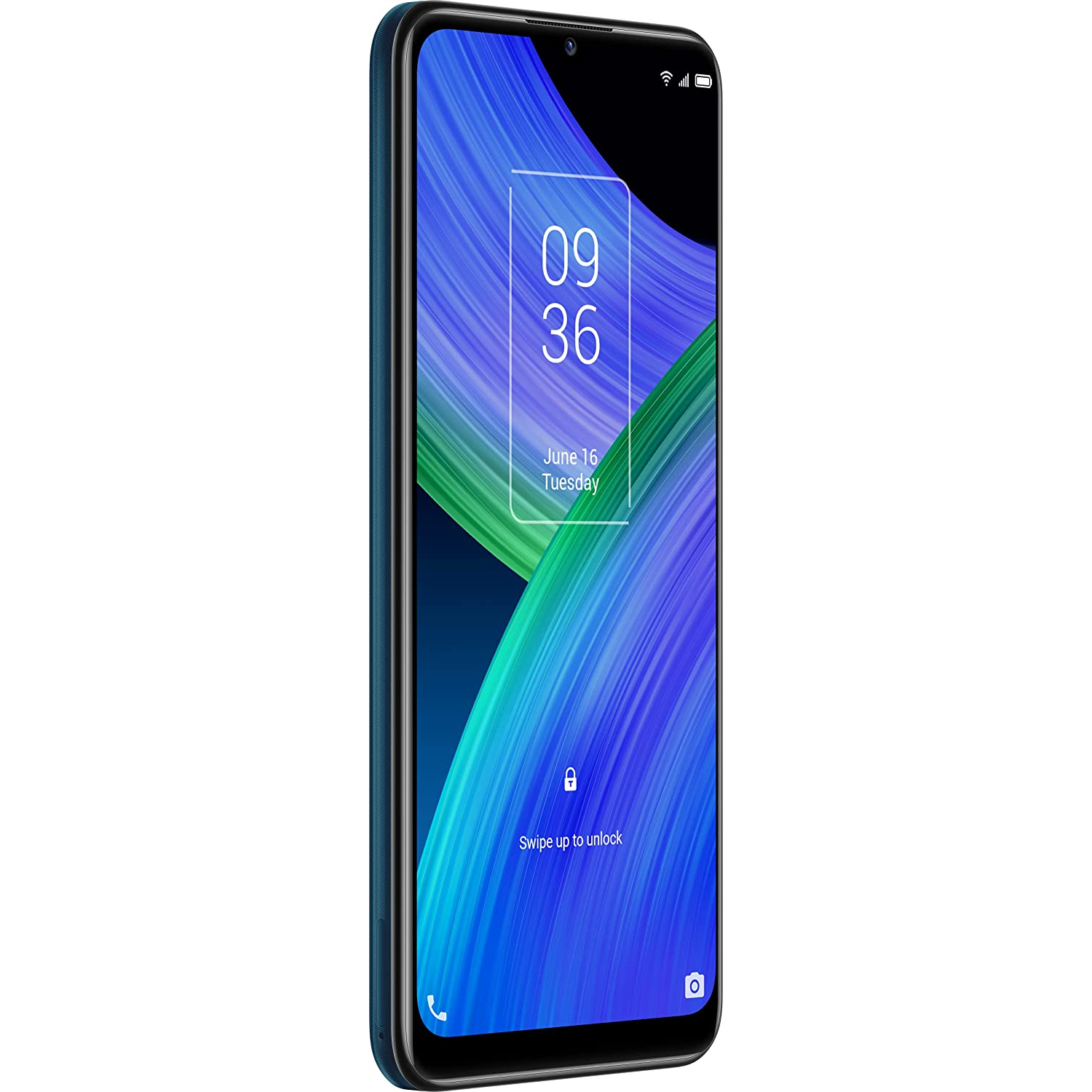 Un smartphone azul con una pantalla grande que muestra fecha y hora.