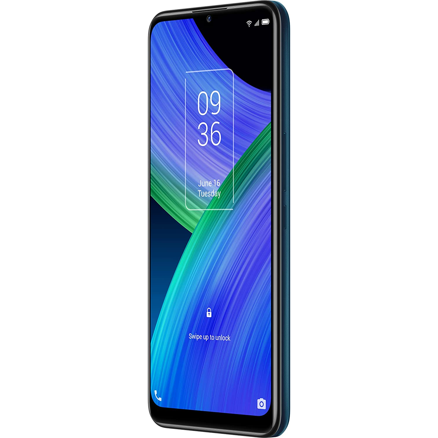 Smartphone azul con una pantalla colorida. Fondo blanco.