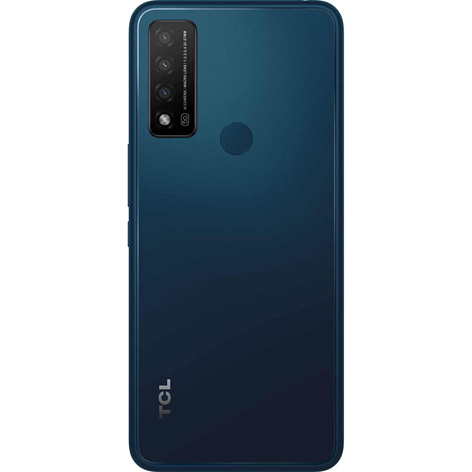 Teléfono TCL azul. Tiene varias cámaras y un sensor de huellas dactilares en la parte trasera.