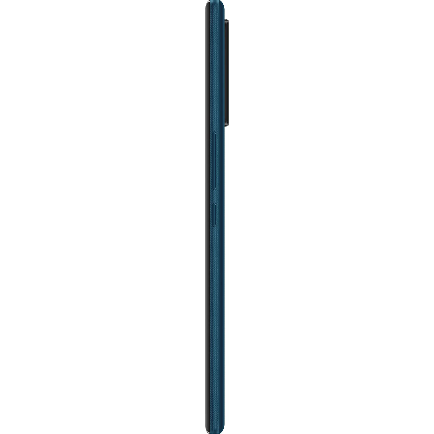 Vista lateral de un smartphone azul oscuro. El borde tiene botones y una cámara.