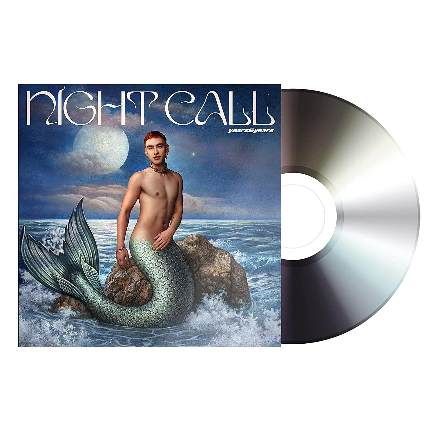 Albumhoes: Een zeemeermin-achtige man op een rots, albumtitel 'Night Call'.