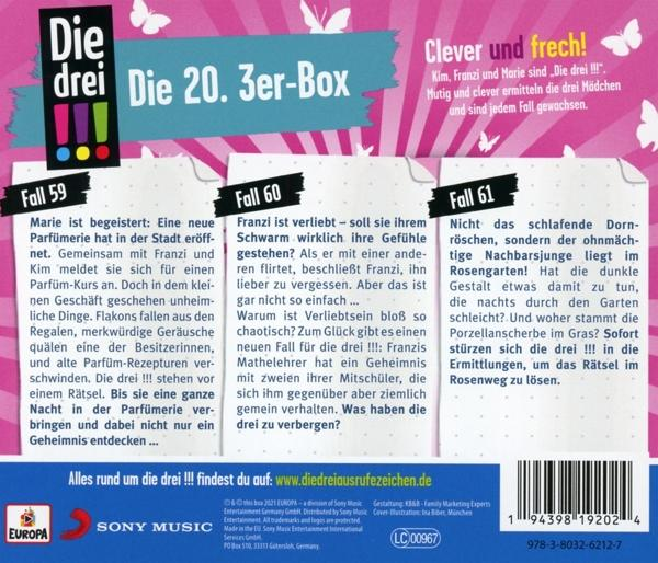 Cover des Buches 'Die drei !!!'. Text auf Deutsch, mit Buchtiteln und Bildern.