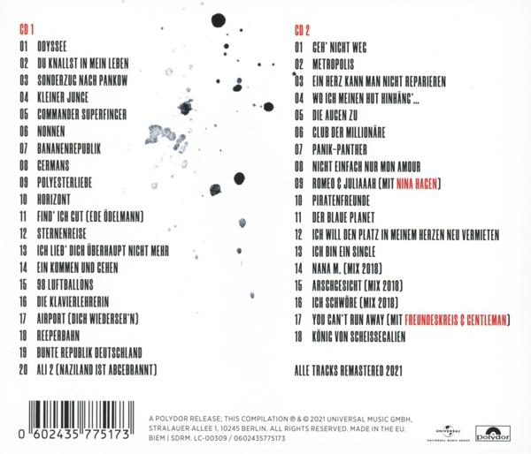 CD-Cover mit Titelliste und Farbspritzer, schwarz-weiß.