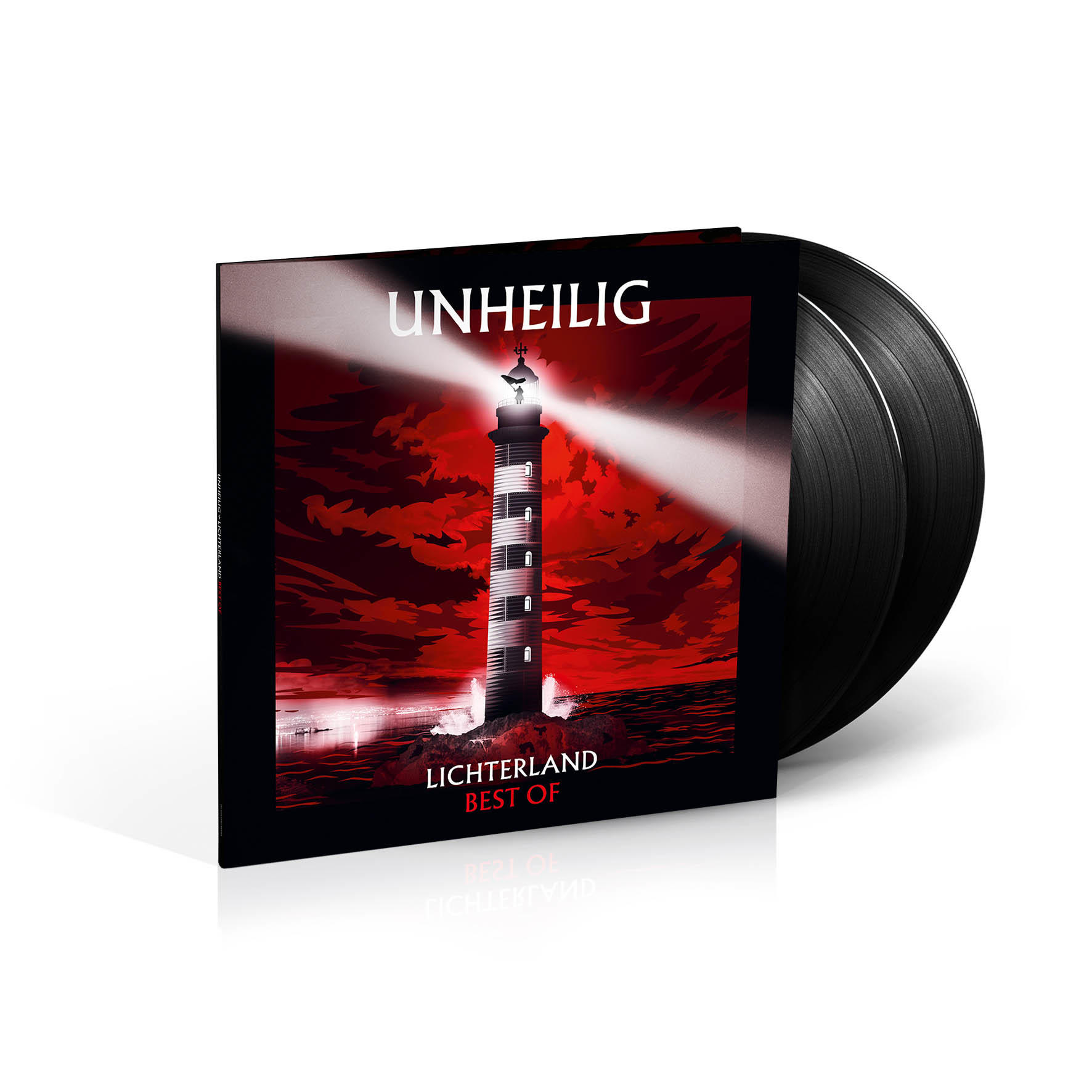 Albumcover: Ein Leuchtturm mit rotem Himmel. Zwei schwarze Schallplatten liegen daneben.
