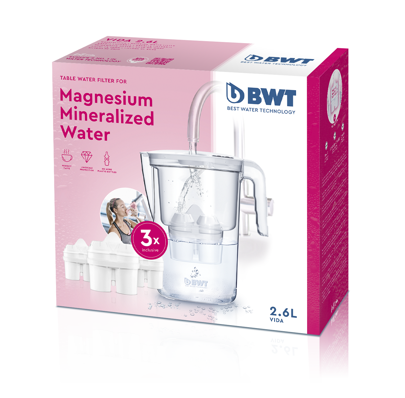 Verpacktes Wasserfiltersystem. Zeigt den Filter, die Kartuschen und das Branding. Enthält ein Bild einer Frau.