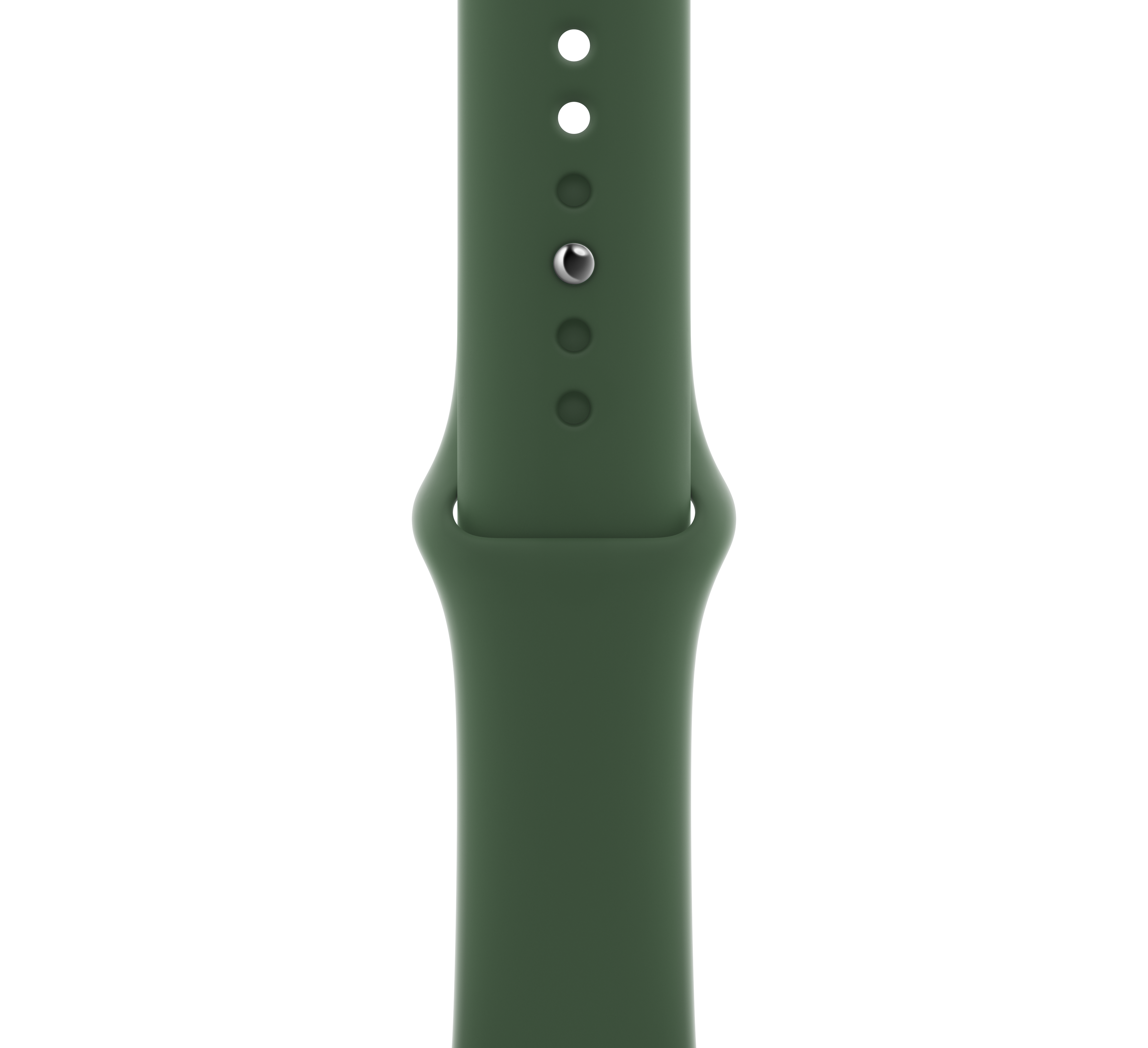 Primer plano de una correa de reloj verde. Tiene agujeros para sujetar y está sobre un fondo blanco.