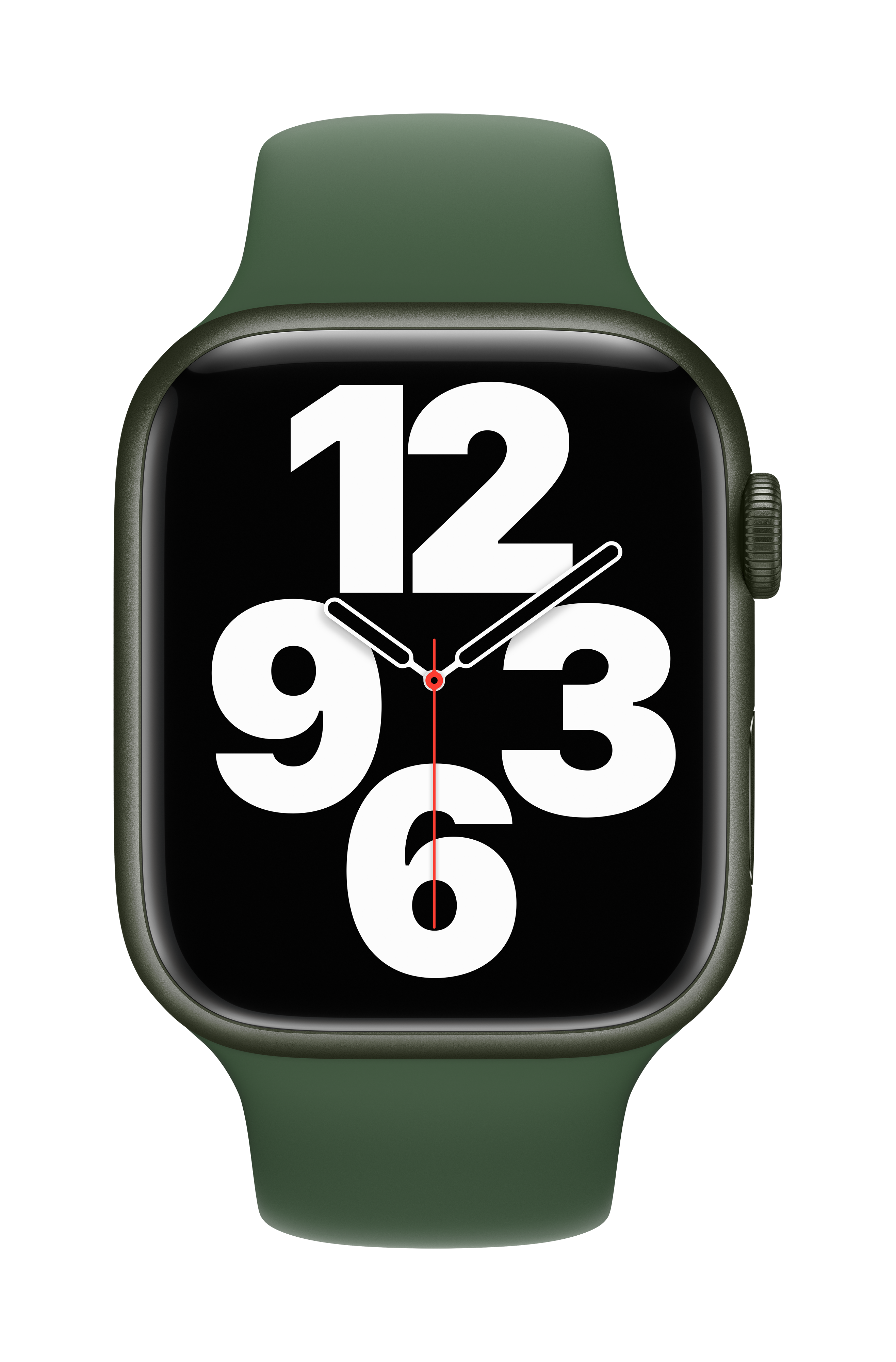 Apple Watch verde con pantalla negra que muestra números blancos grandes: 12, 9, 6 y 3, y una línea roja.