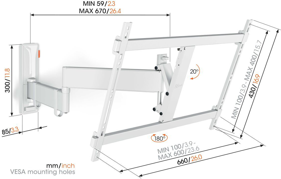 Supporto a parete per TV bianco con misure e angoli.