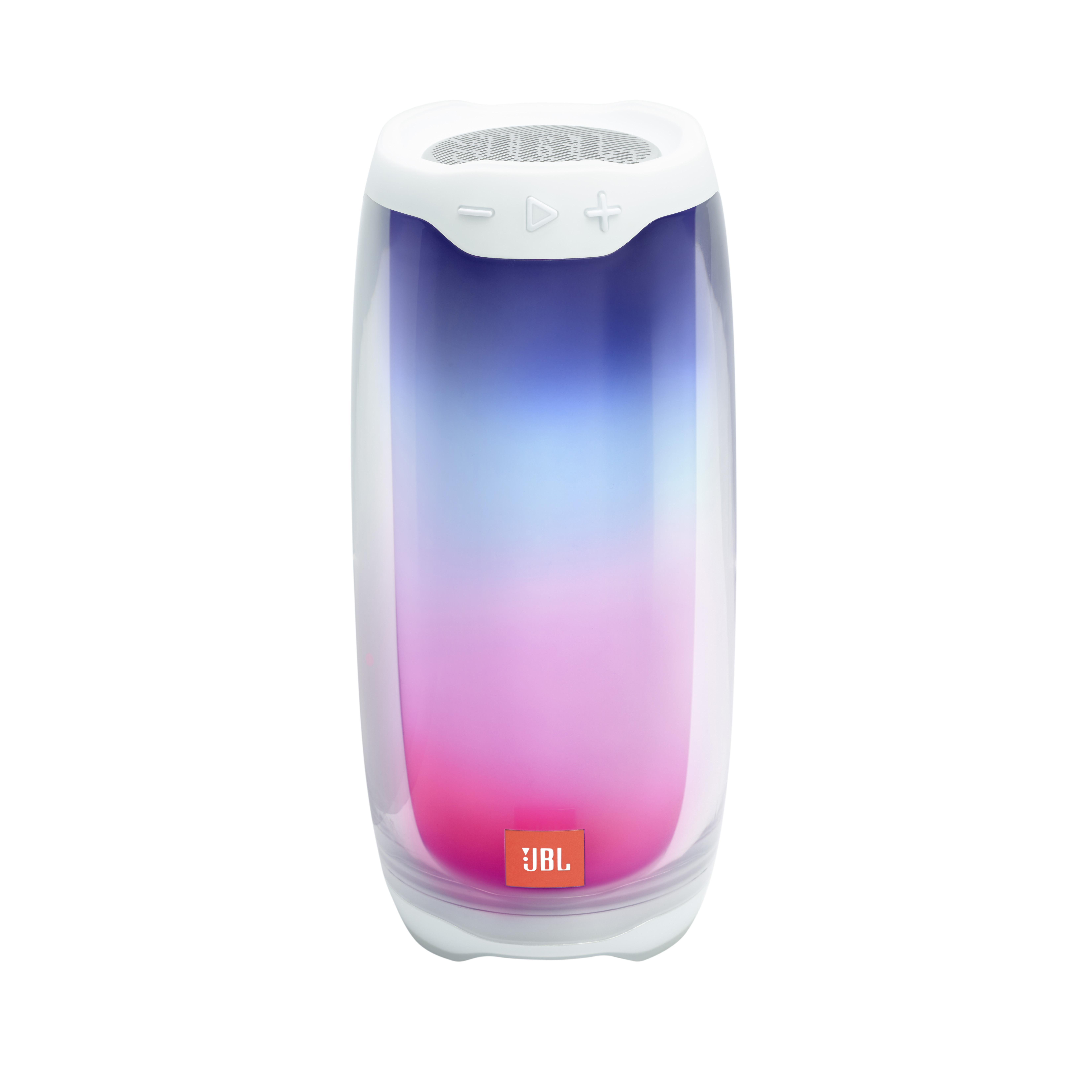 Weißer und klarer JBL-Lautsprecher mit farbwechselnden Lichtern.