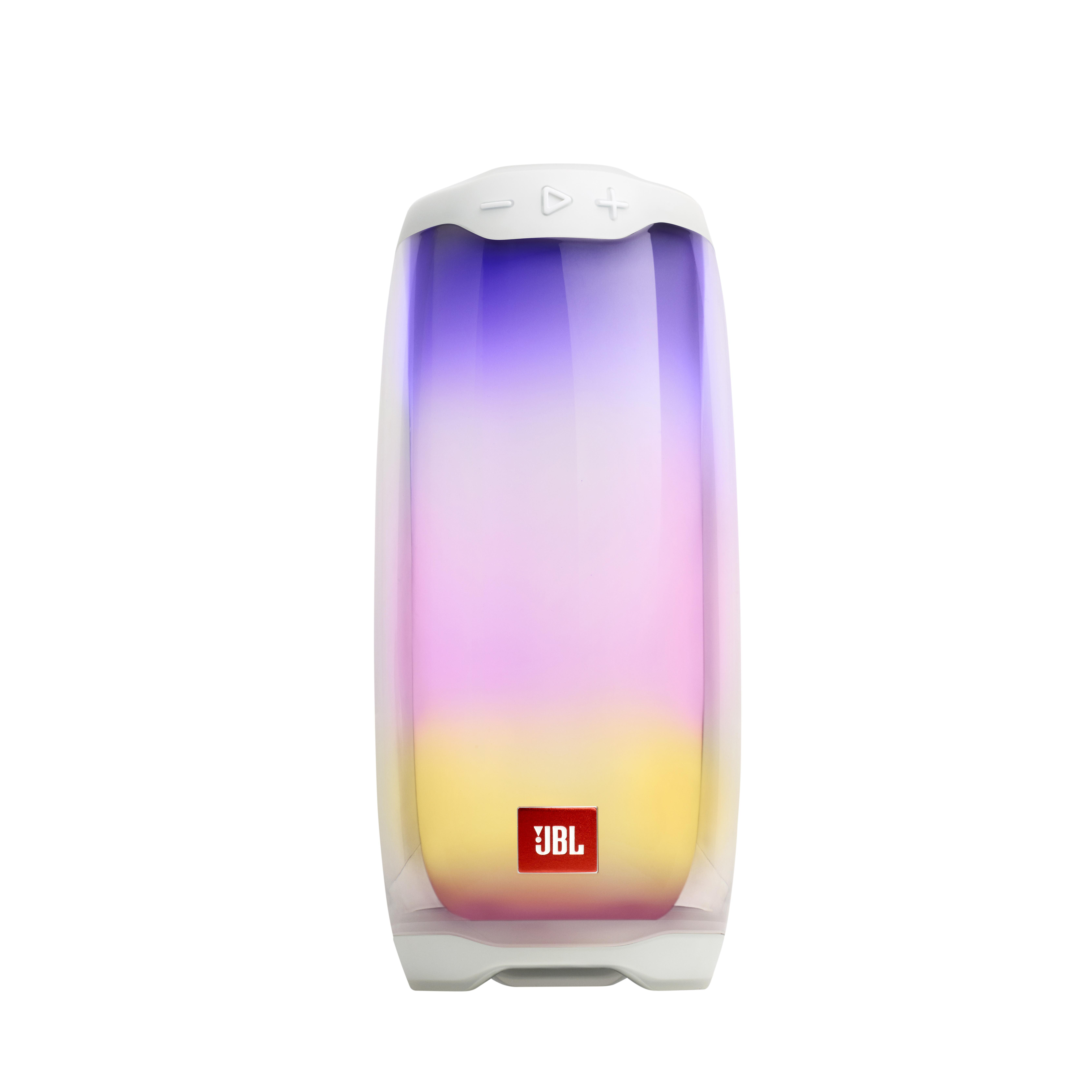 Ein weißer und farbenfroher JBL-Lautsprecher mit dem JBL-Logo vorne.