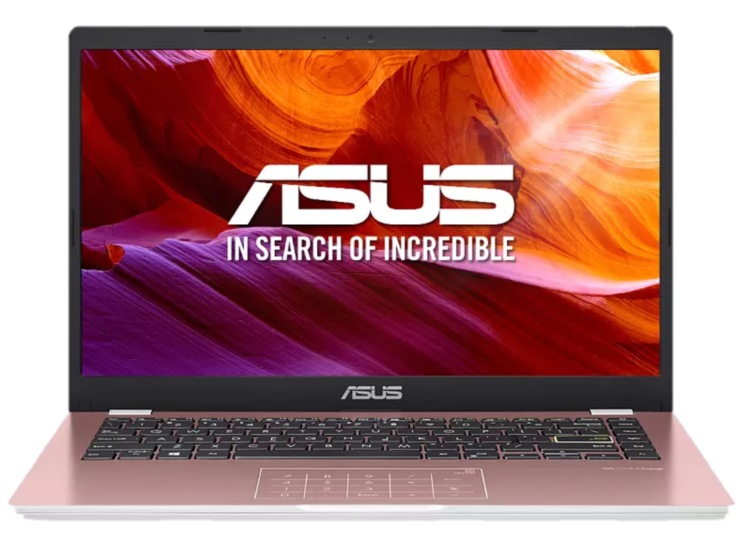 Una laptop rosa sobre fondo negro con el logo ASUS.