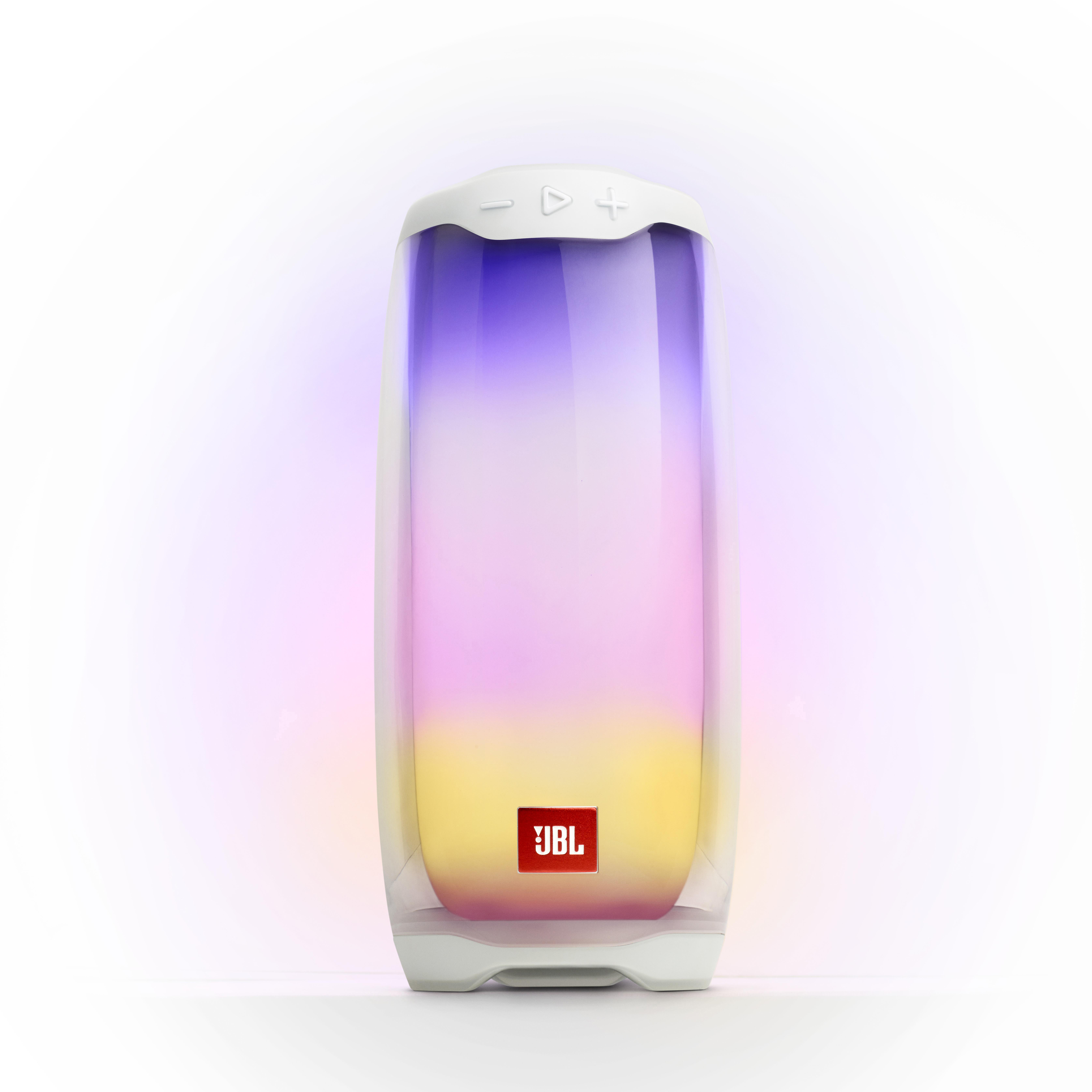 JBL Pulse 4 Lautsprecher mit bunten Lichtern und JBL Logo.