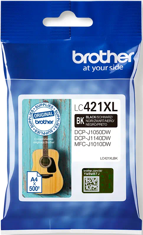Blau-weiße Brother Tintenpatronenverpackung mit einer Gitarre.