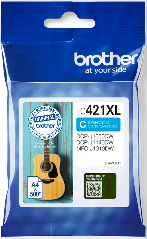 Brother LC421XL Cyan-Tintenpatrone. Die Verpackung zeigt eine Gitarre und die Tintenfarbe.