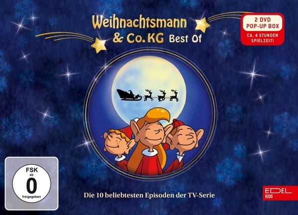 DVD-Cover eines Zeichentrickfilms mit Weihnachtsmann, Elfen und Nachthintergrund.