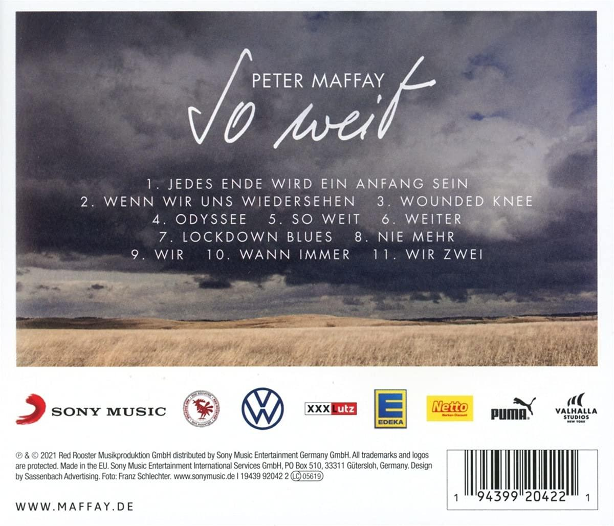 Buchcover mit Titel 'So weit', Landschaft und Text.
