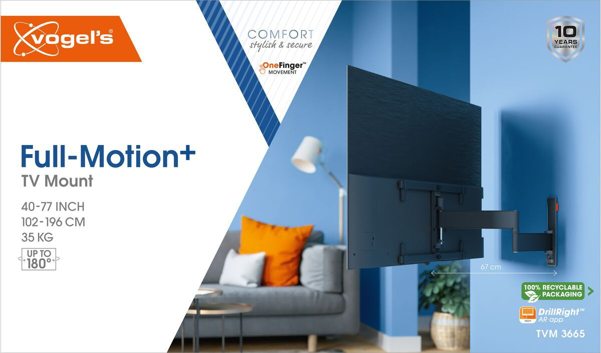 Supporto TV su muro blu, con TV e dettagli del prodotto.