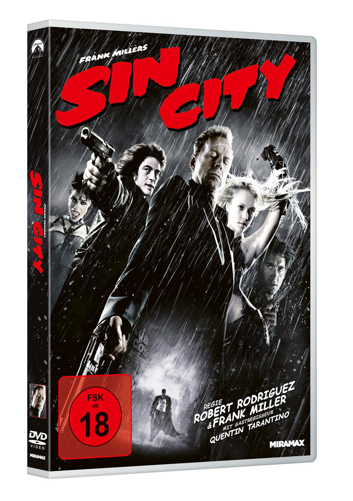 DVD-Cover: Schwarz-Weiß-Sin-City-Filmplakat mit Schauspielern und rotem Label.