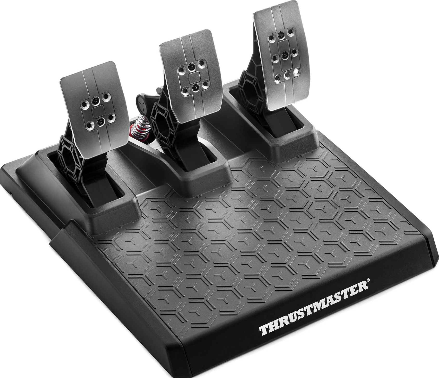 Pédales de course sim noir et argent sur une base. Trois pédales avec repose-pieds et logo Thrustmaster.