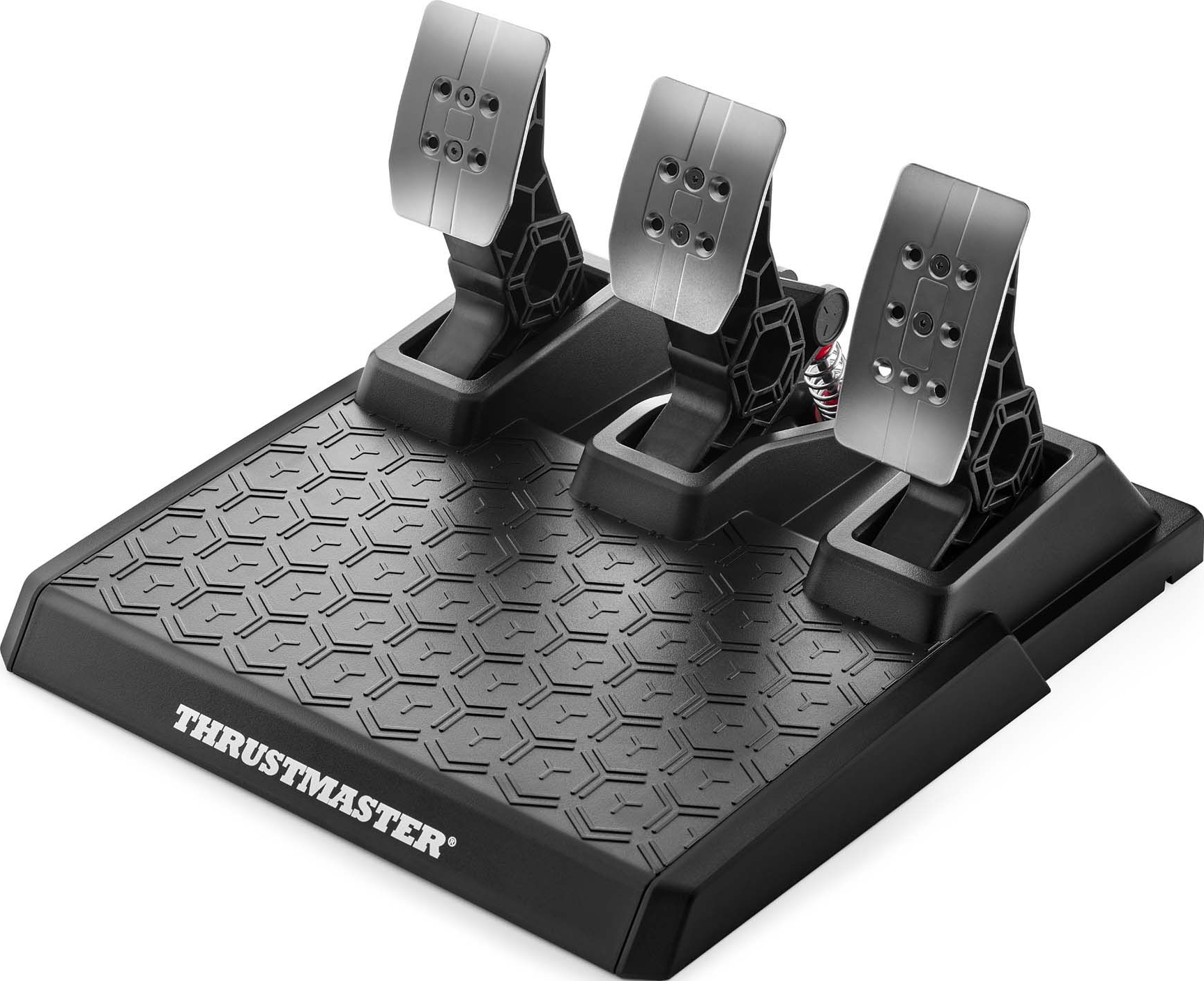 Pédales de course noires et argentées sur une base noire avec le logo Thrustmaster.