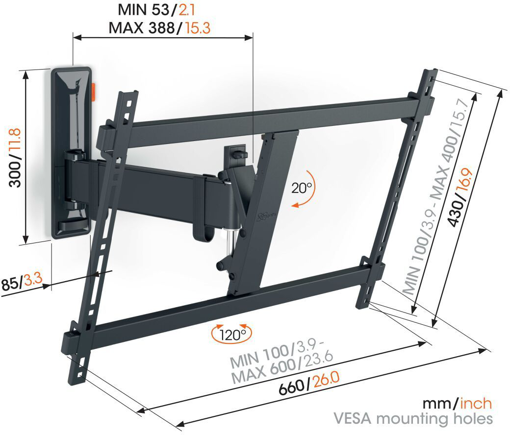 Schwarze TV-Wandhalterung mit Maßen in mm/Zoll, VESA-Bohrungen.