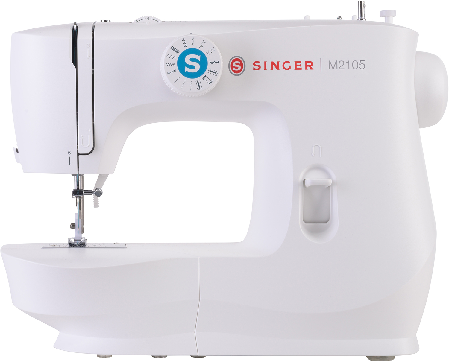 Witte Singer M2105 naaimachine op een wit oppervlak, met een ronde draaiknop in het midden.