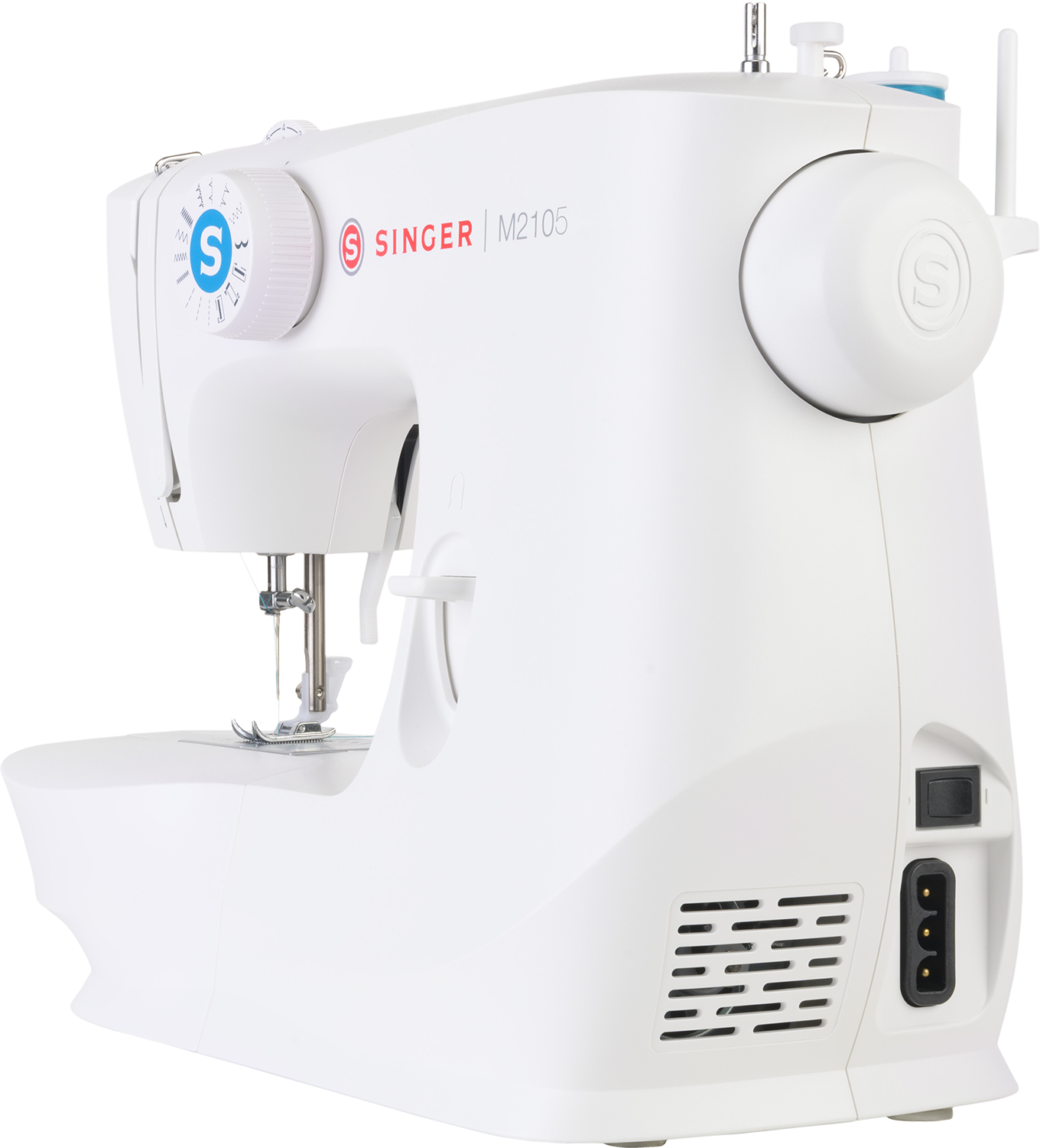 Witte Singer M2105 naaimachine, schuine weergave.