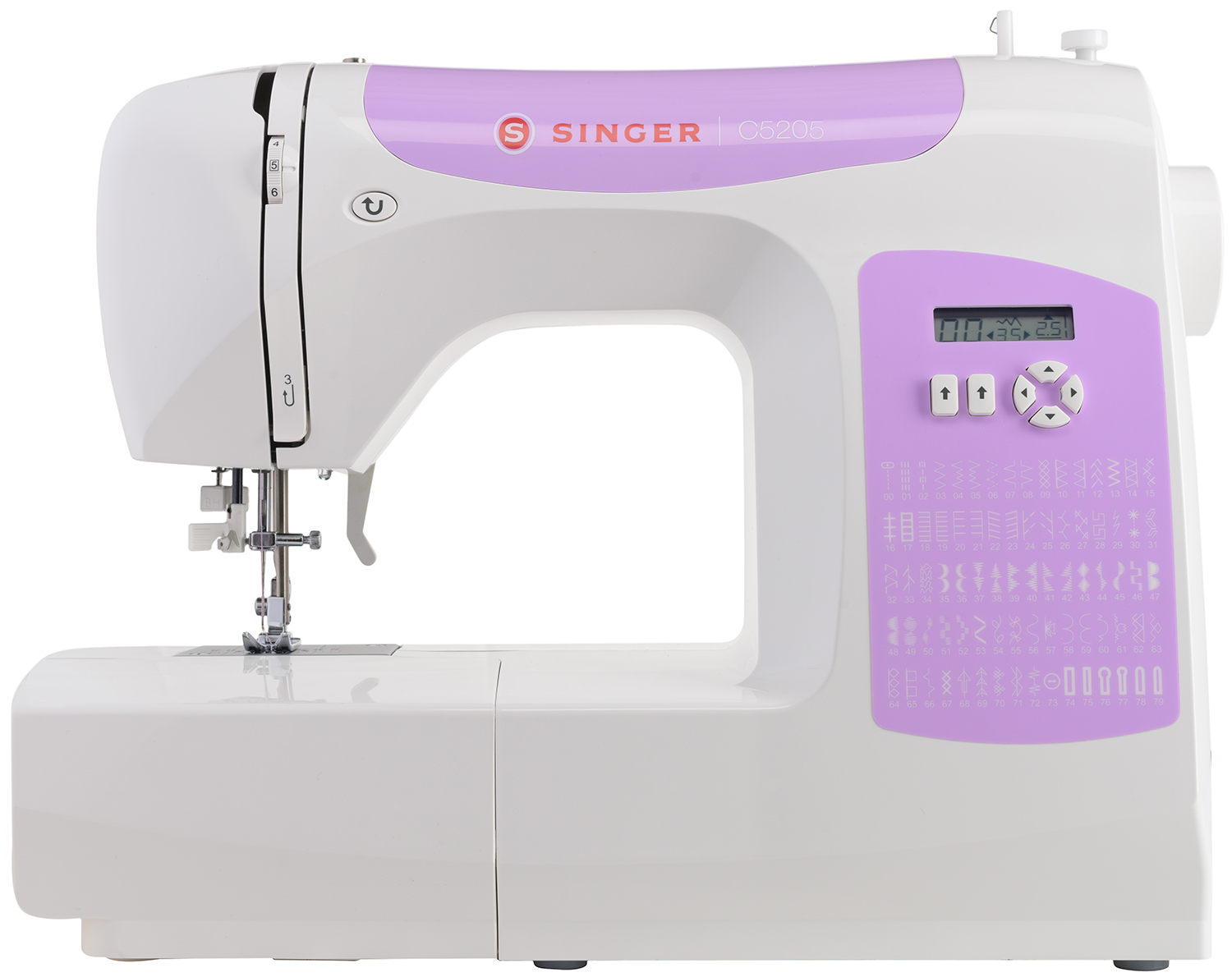 Een witte Singer naaimachine met een paars accentpaneel. Digitaal display en knoppen zichtbaar.