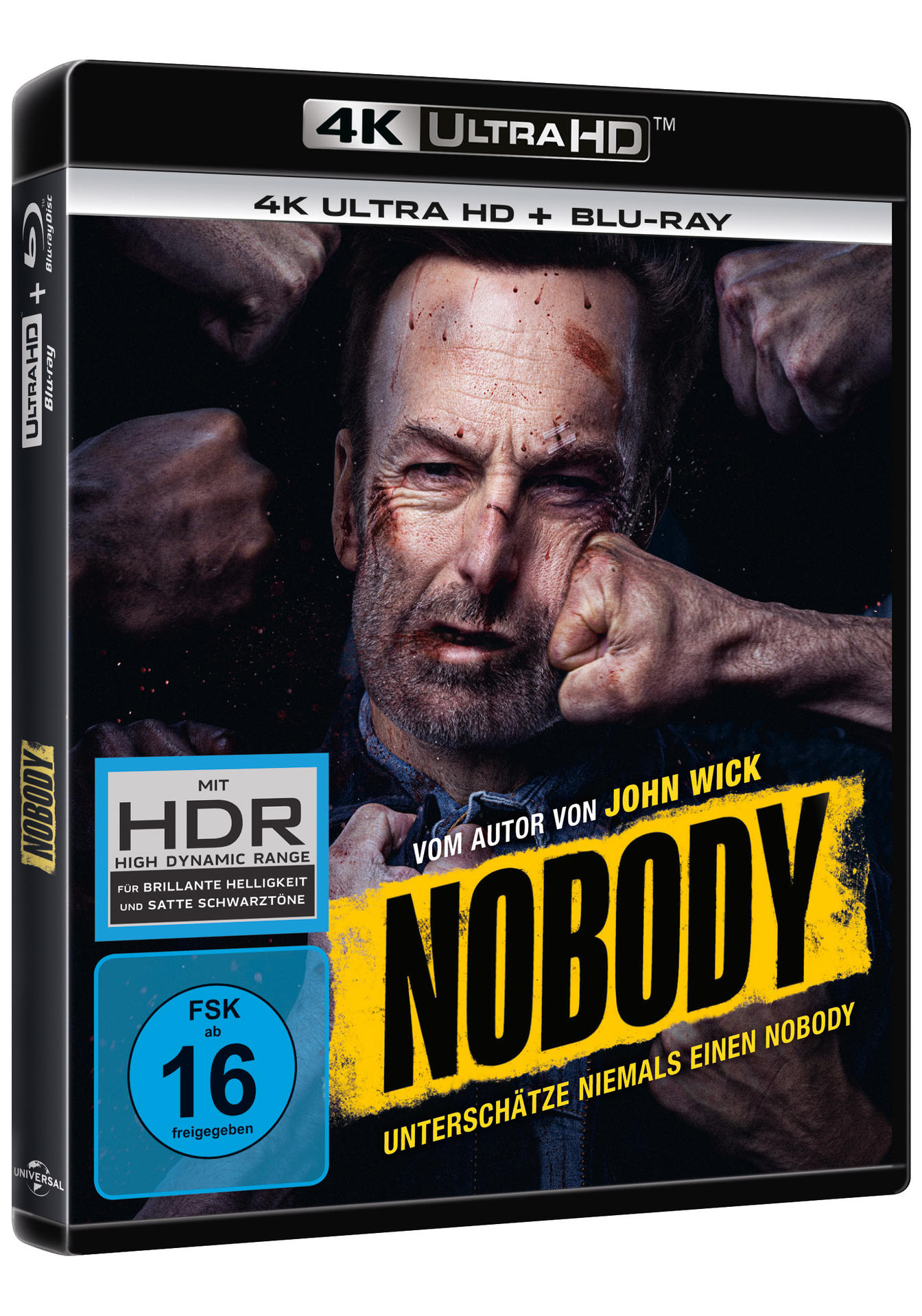Filmcover für 'Nobody'. Zeigt Bob Odenkirk in einer Kampfszene. Text beinhaltet '4K Ultra HD'.