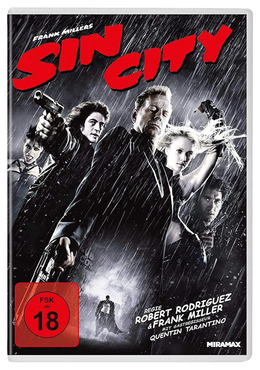 Sin City DVD-Cover mit Charakteren, die im Regen Waffen halten.
