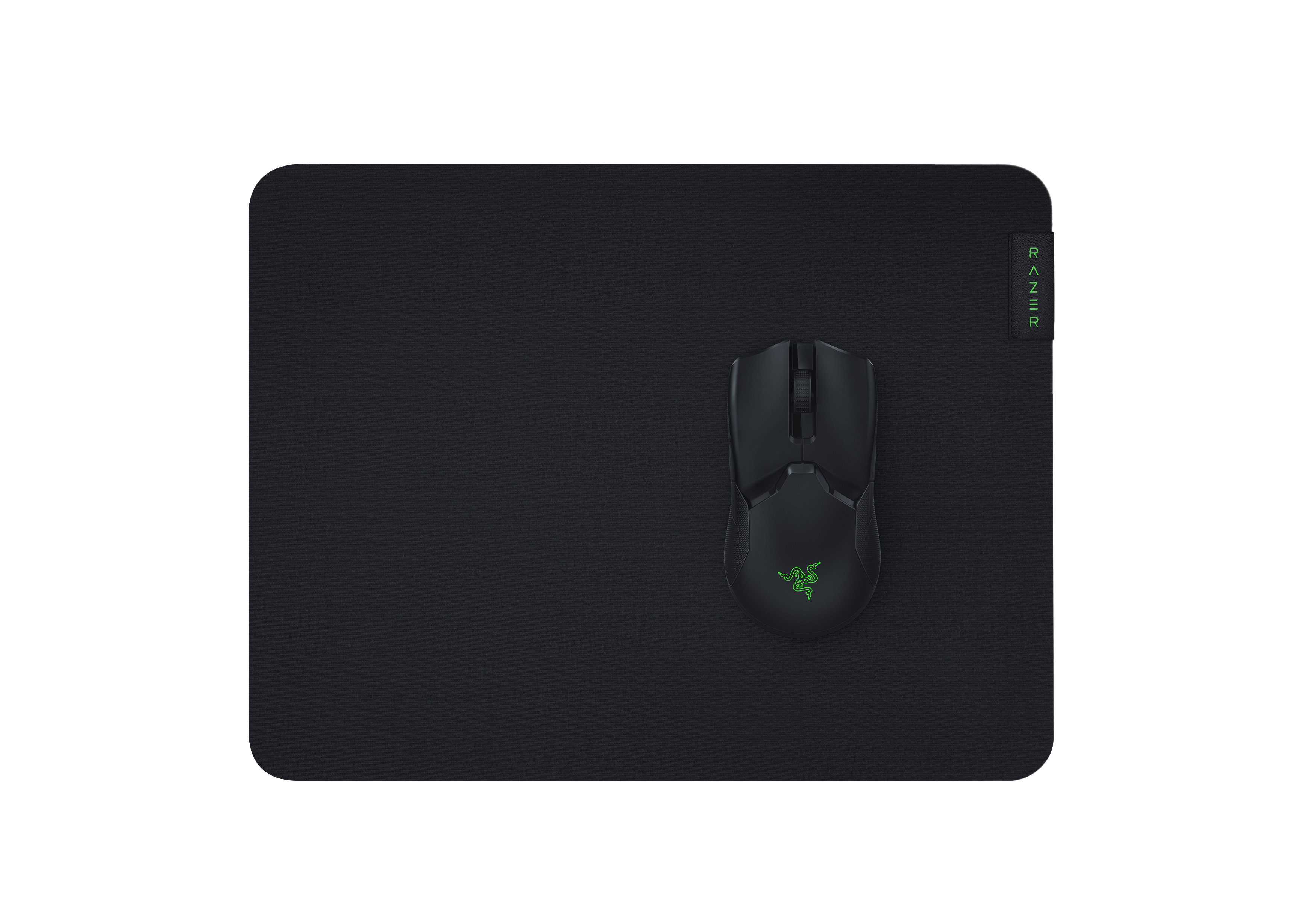 Black gaming mouse on a black mousepad, with Razer logo on the right.