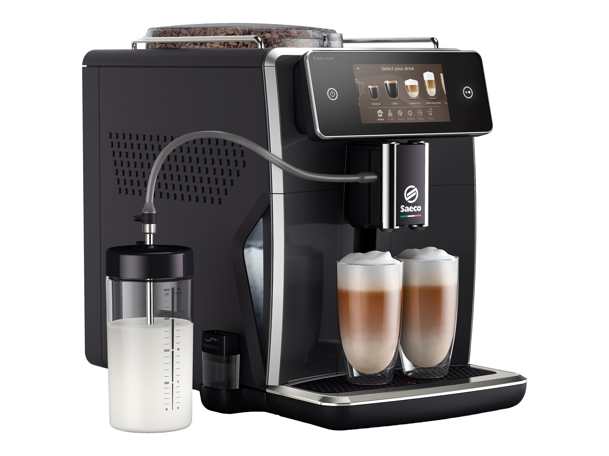 SAECO SM8780/00 Xelsis Deluxe Kaffeevollautomat (Klavierlack-Schwarz, Keramik, 15 bar, externer Milchbehälter)
