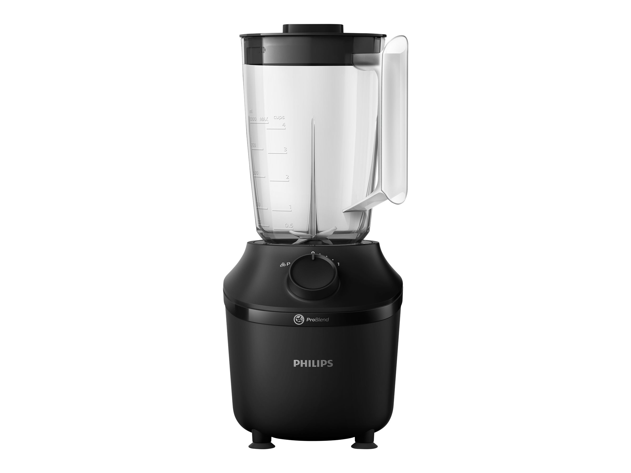 Schwarzer Philips-Mixer mit einem Glasbehälter und einem Bedienknopf am Sockel.