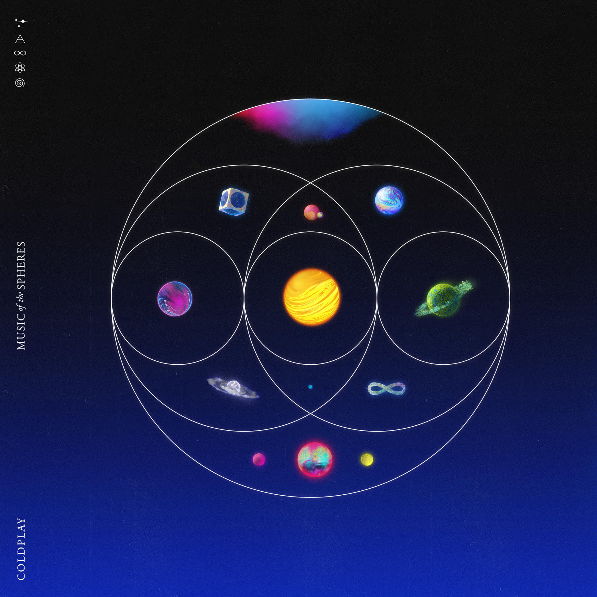 Pochette de l'album de Coldplay. Sphères avec planètes, étoiles et fond bleu cosmique. Lignes circulaires.