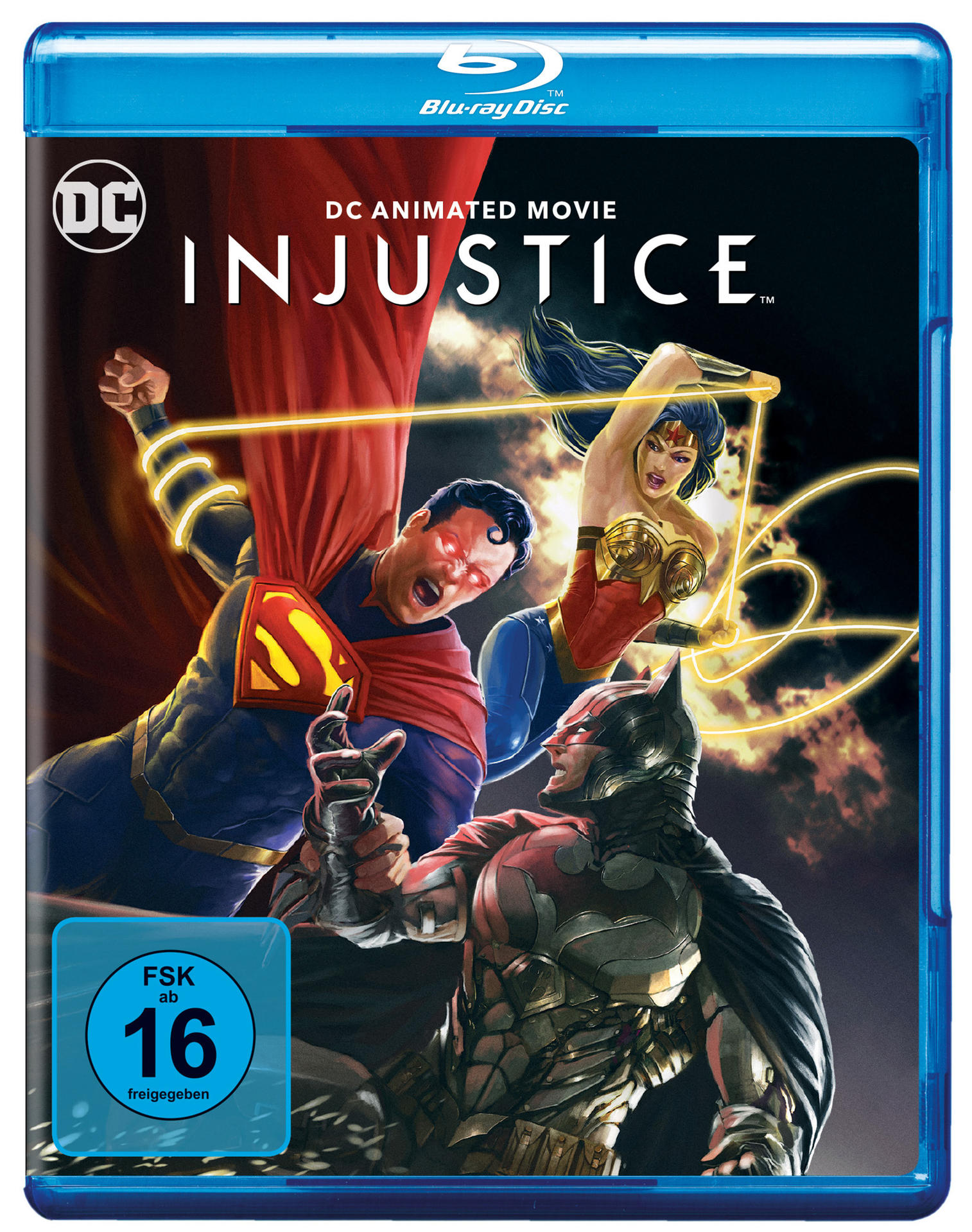 Blu-ray-Cover für DC Animated Movie: Injustice. Superman, Wonder Woman und Batman sind zu sehen.