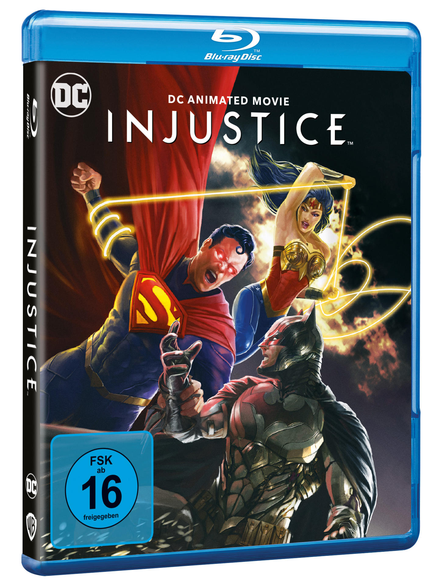 Blu-ray-Disc-Hülle für Injustice mit Superman, Wonder Woman und Batman.